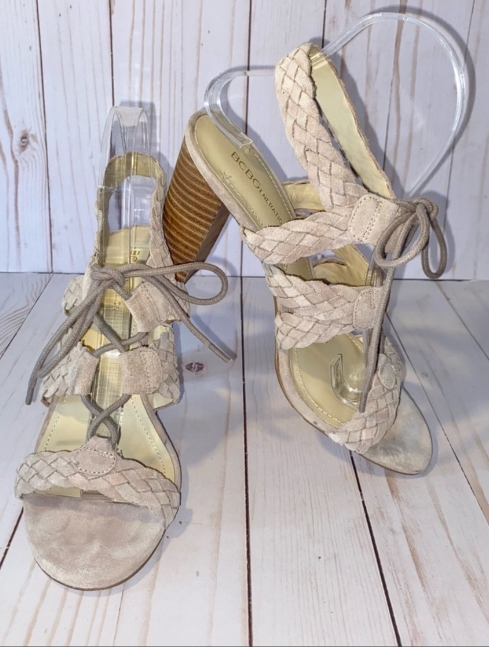 BCBGeneration Taupe Braided Lace-up Heels Size: 6
